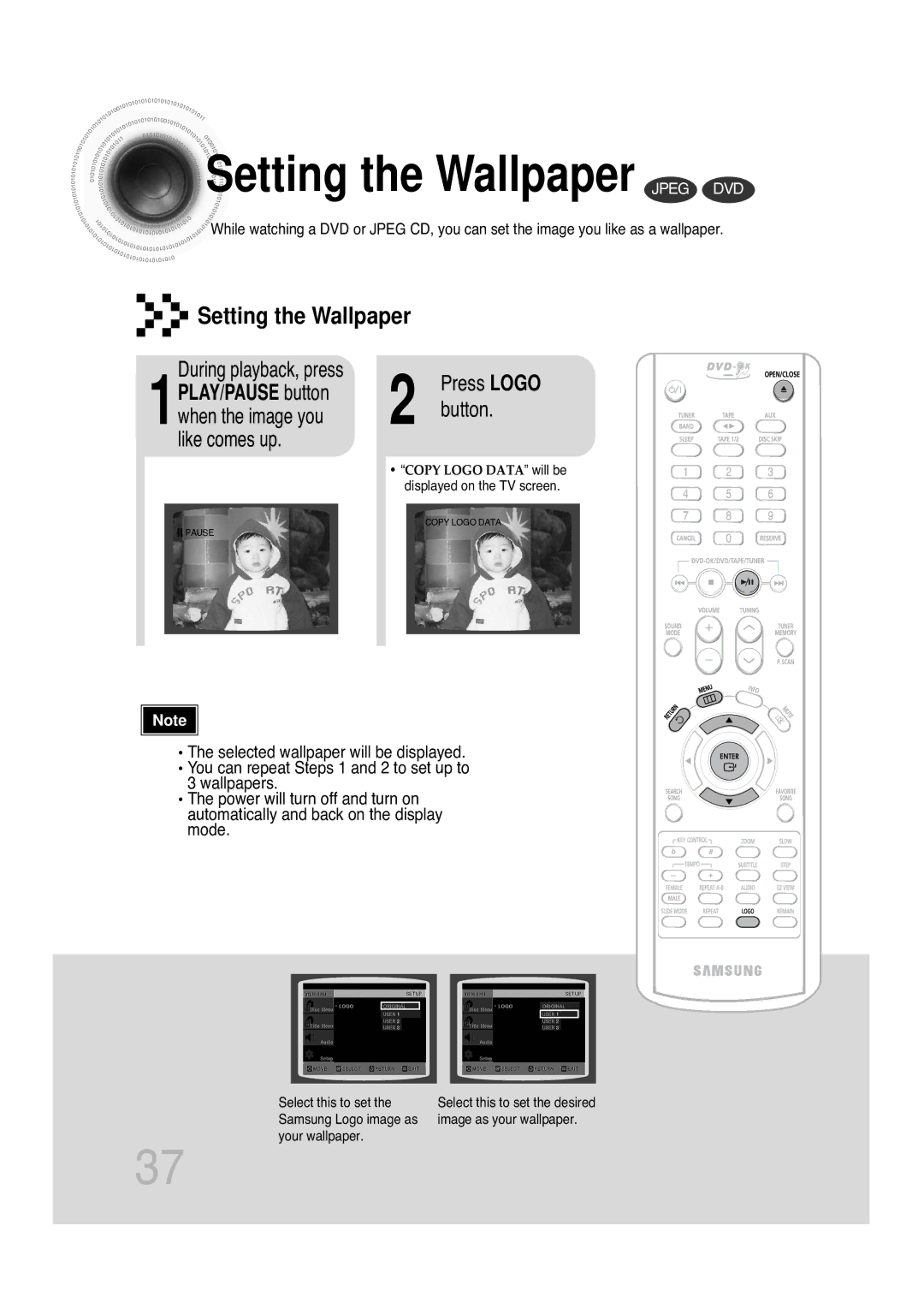 Samsung MAX-KT85Q/XFU manual Setting the Wallpaper Jpeg DVD, During playback, press 