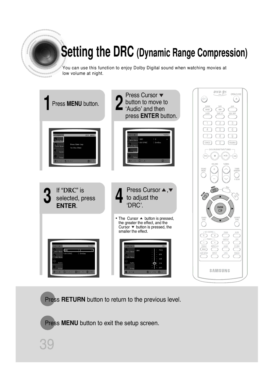 Samsung MAX-KT85Q/XFU manual Setting the DRC Dynamic Range Compression, Press Cursor , to adjust the ‘DRC’ 