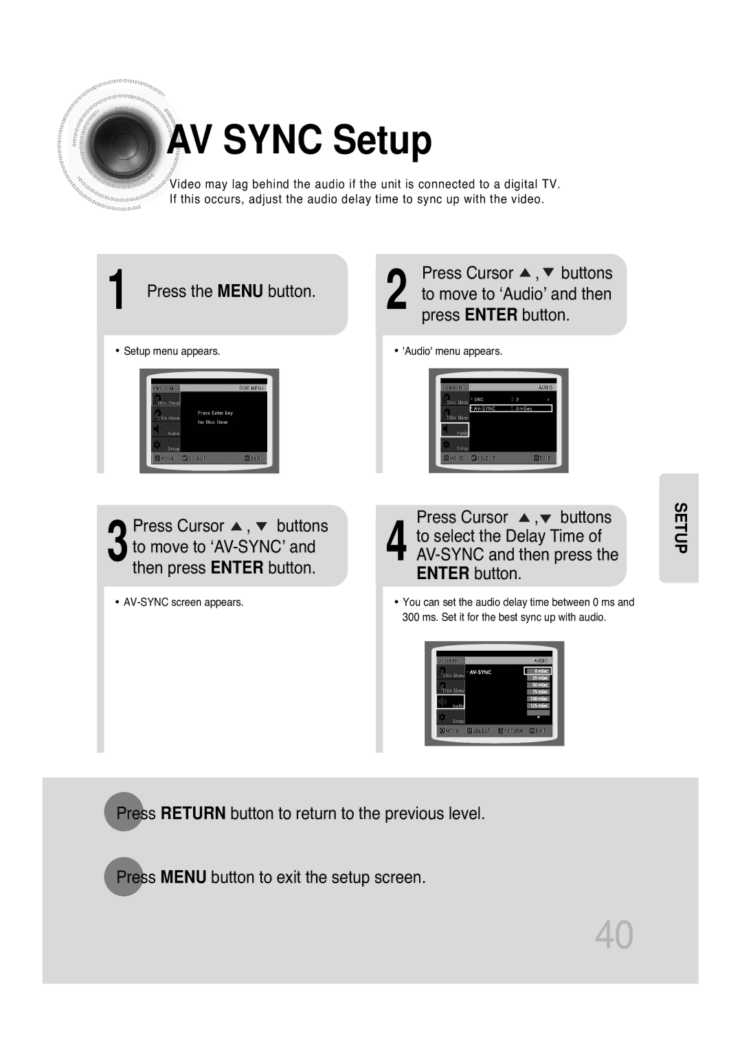 Samsung MAX-KT85Q/XFU manual AV Sync Setup, Press the Menu button Press Cursor , buttons 