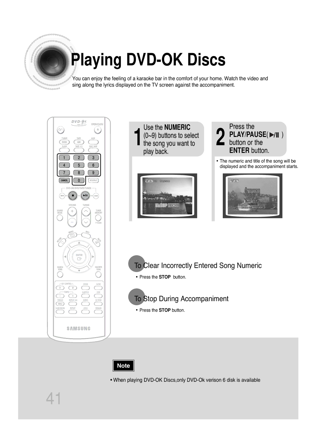 Samsung MAX-KT85Q/XFU manual Playing DVD-OK Discs, Use the Numeric, Press, To Clear Incorrectly Entered Song Numeric 