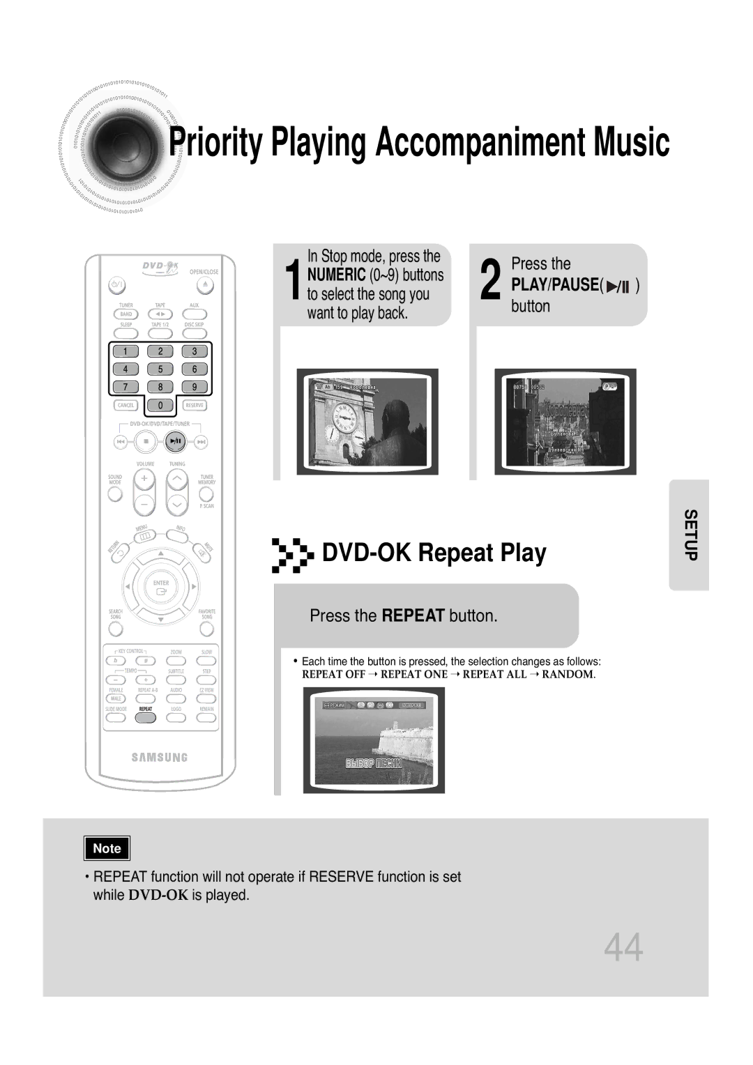 Samsung MAX-KT85Q/XFU manual DVD-OK Repeat Play, Want to play back, Press the Repeat button, Stop mode, press 