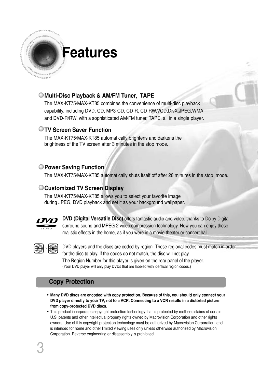 Samsung MAX-KT85Q/XFU manual Features, Copy Protection 