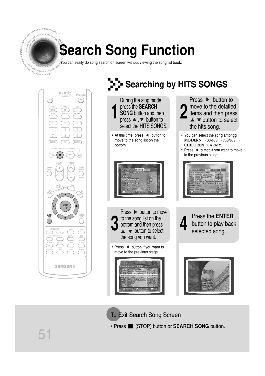 Samsung MAX-KT85Q/XFU manual Searching by Hits Songs, Hits song 