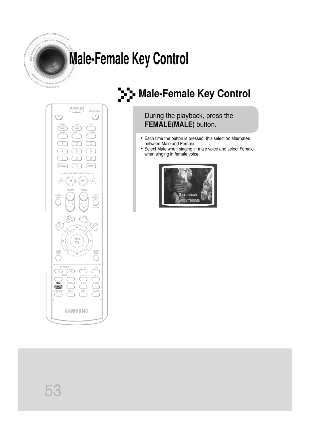 Samsung MAX-KT85Q/XFU manual Male -Female Key Control, Male-Female Key Control, Femalemale button 