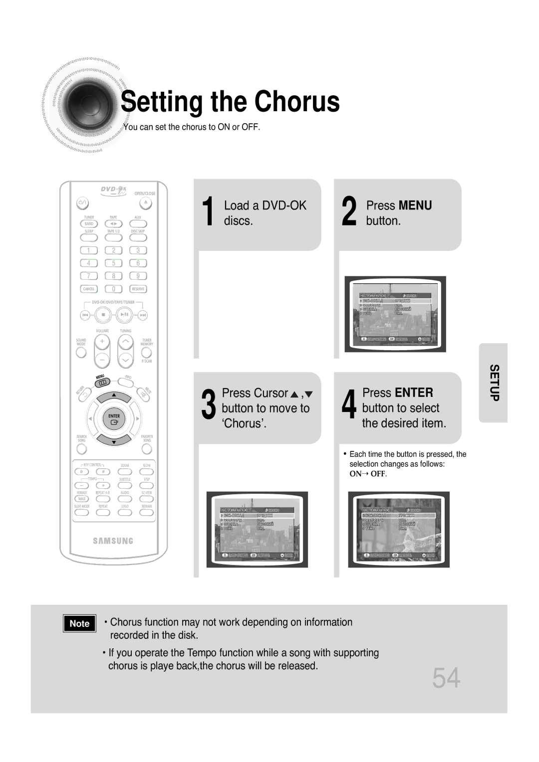 Samsung MAX-KT85Q/XFU Setting the Chorus, Load a DVD-OK, Discs Button Press Cursor Press Enter Button to move to, ‘Chorus’ 