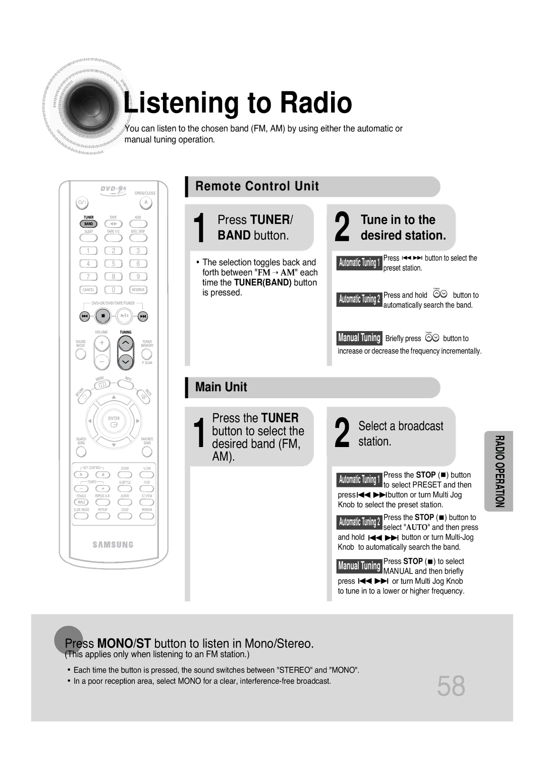 Samsung MAX-KT85Q/XFU manual Listening to Radio, Remote Control Unit, Main Unit 