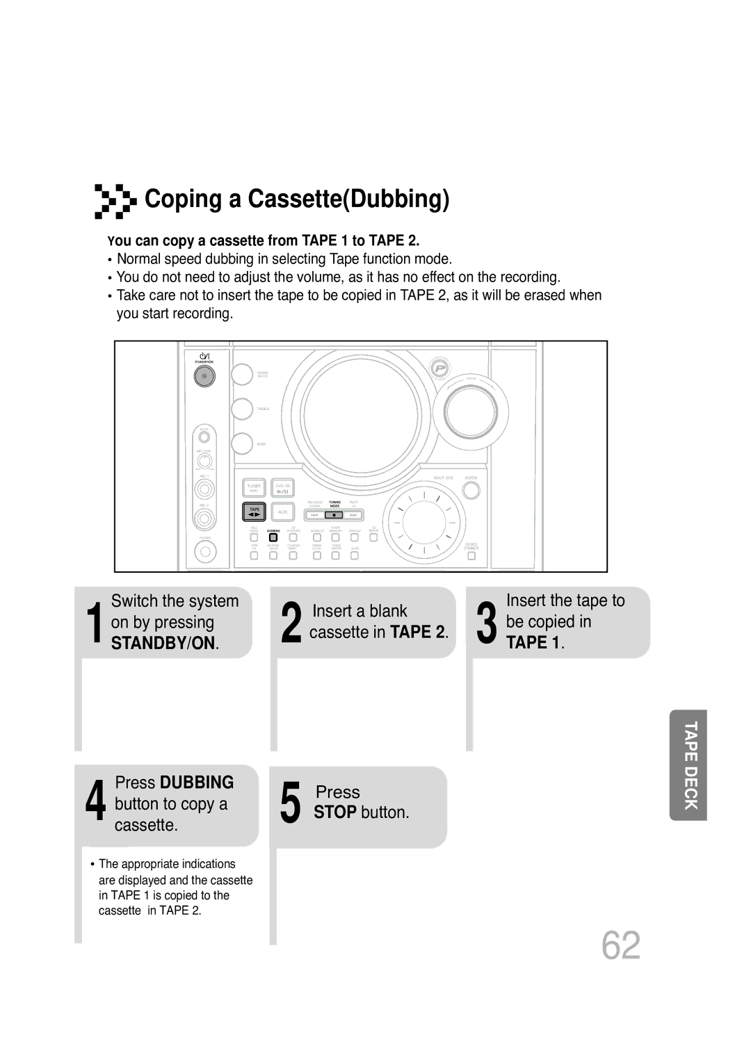 Samsung MAX-KT85Q/XFU manual Coping a CassetteDubbing, Press Dubbing, Insert a blank, Press Stop button, Insert the tape to 