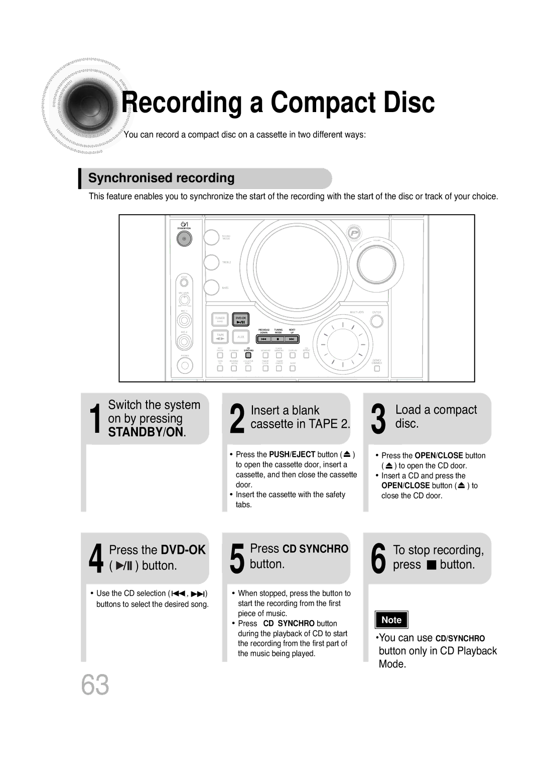 Samsung MAX-KT85Q/XFU manual Recording a Compact Disc, Synchronised recording, Load a compact disc 