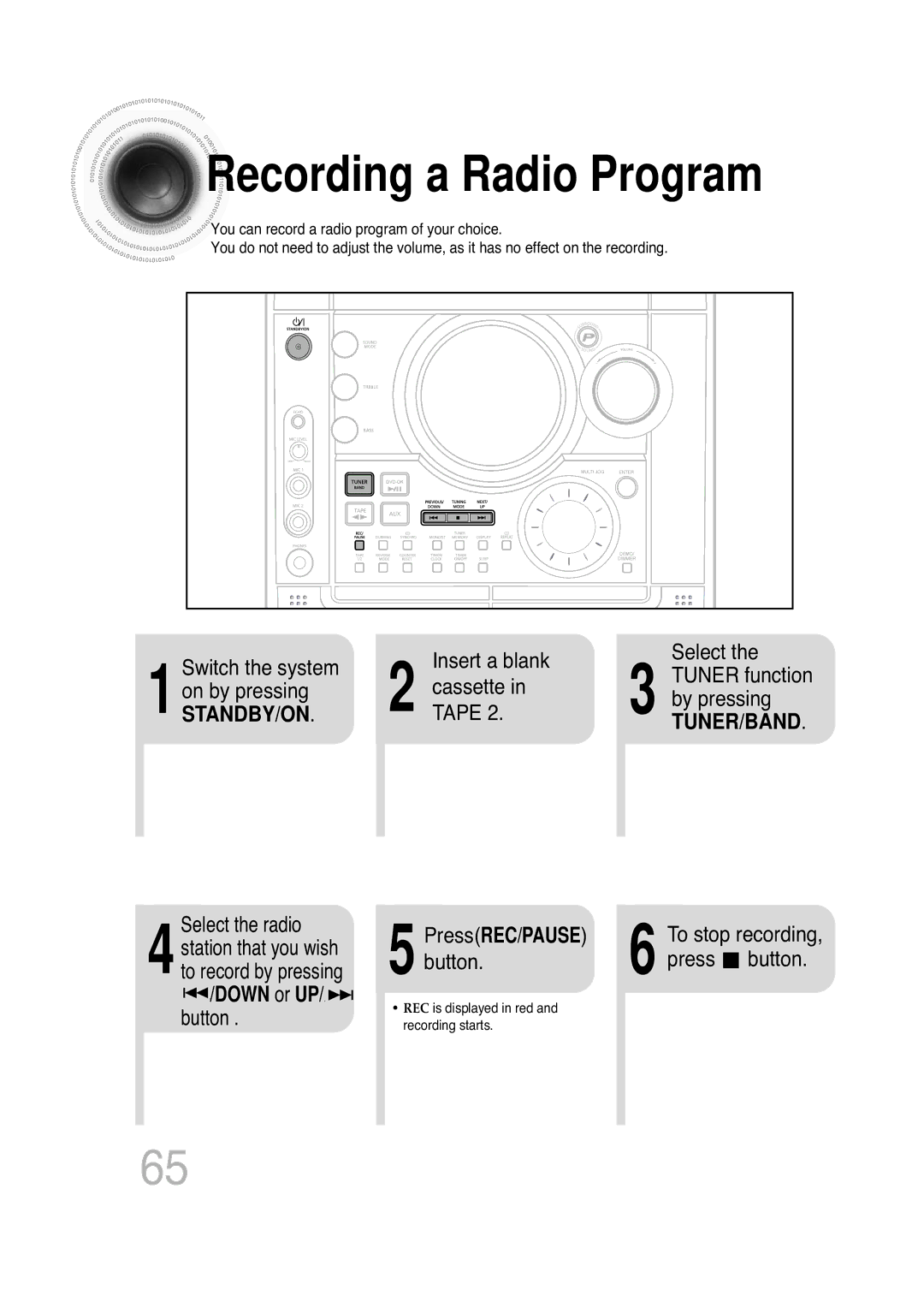 Samsung MAX-KT85Q/XFU manual Recording a Radio Program, Select the radio, Down or UP/ button, Insert a blank 