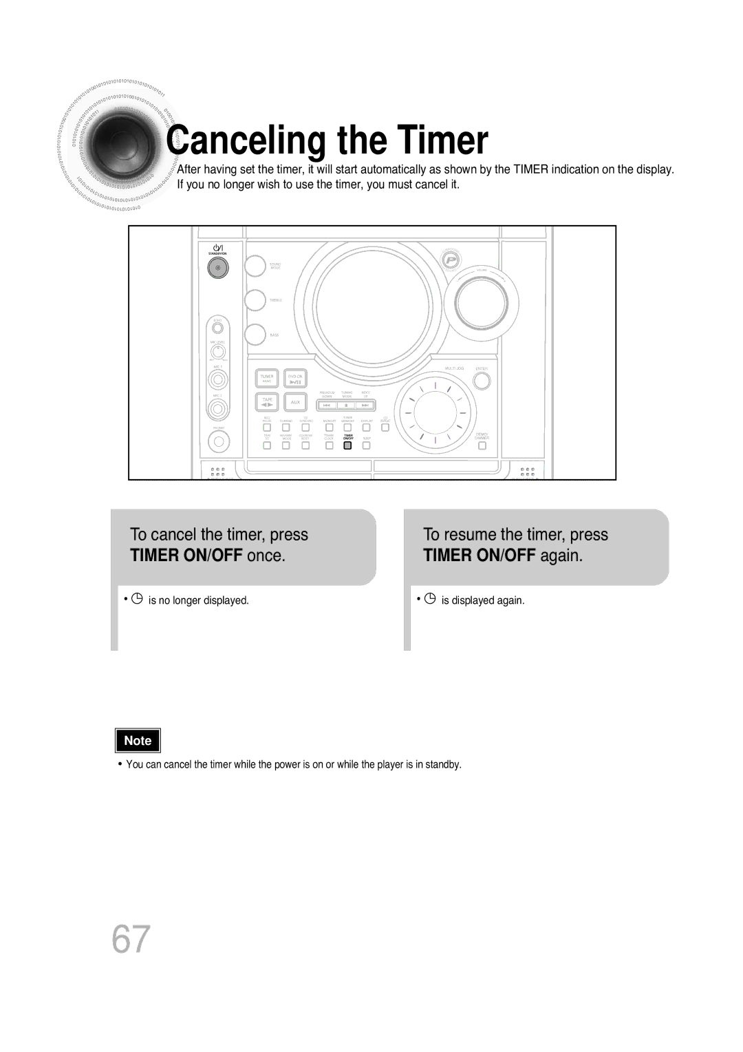 Samsung MAX-KT85Q/XFU manual Canceling the Timer, To resume the timer, press Timer ON/OFF again 