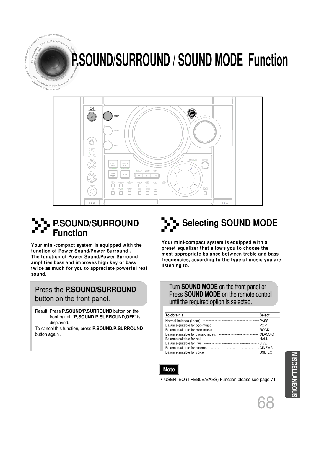 Samsung MAX-KT85Q/XFU manual SOUND/SURROUND / Sound Mode Function, Press the P.SOUND/SURROUND button on the front panel 