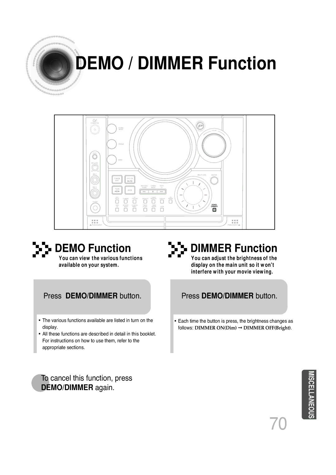 Samsung MAX-KT85Q/XFU manual Demo / Dimmer Function, Demo Function, Press DEMO/DIMMER button 