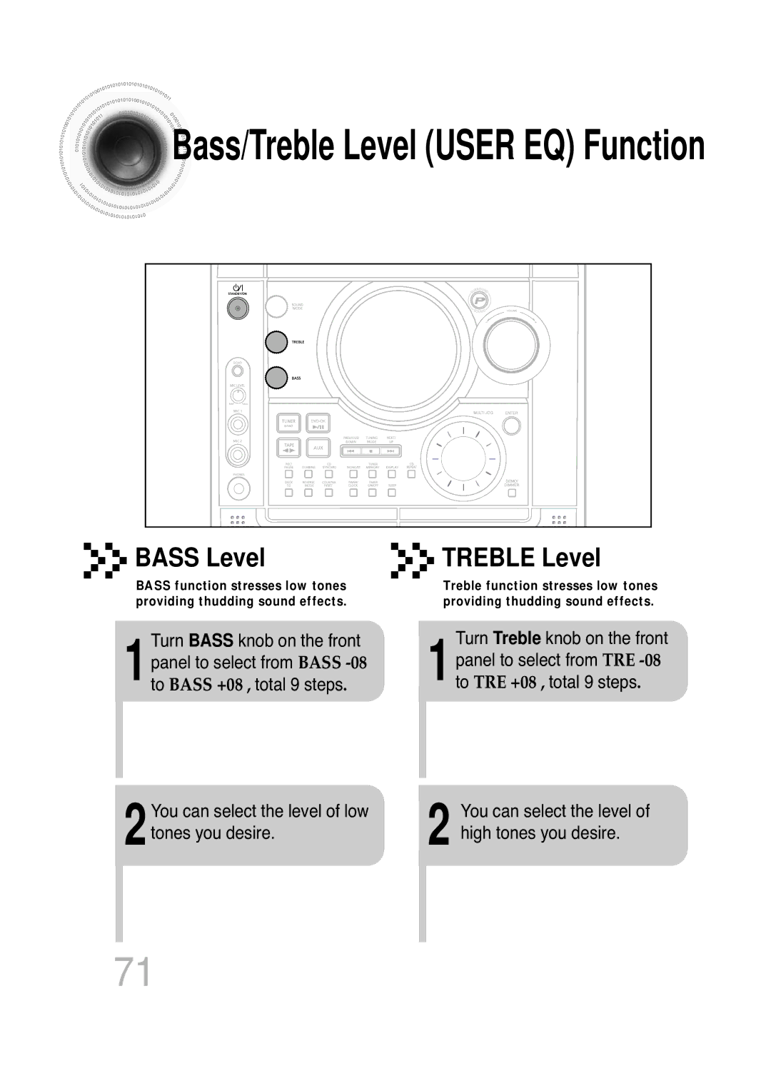 Samsung MAX-KT85Q/XFU manual Bass Level, Turn Bass knob on the front, 2You can select the level of low tones you desire 