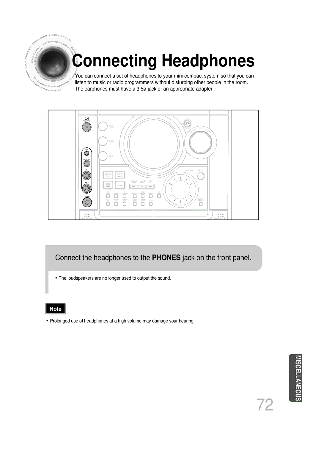 Samsung MAX-KT85Q/XFU manual Connecting Headphones, Connect the headphones to the Phones jack on the front panel 