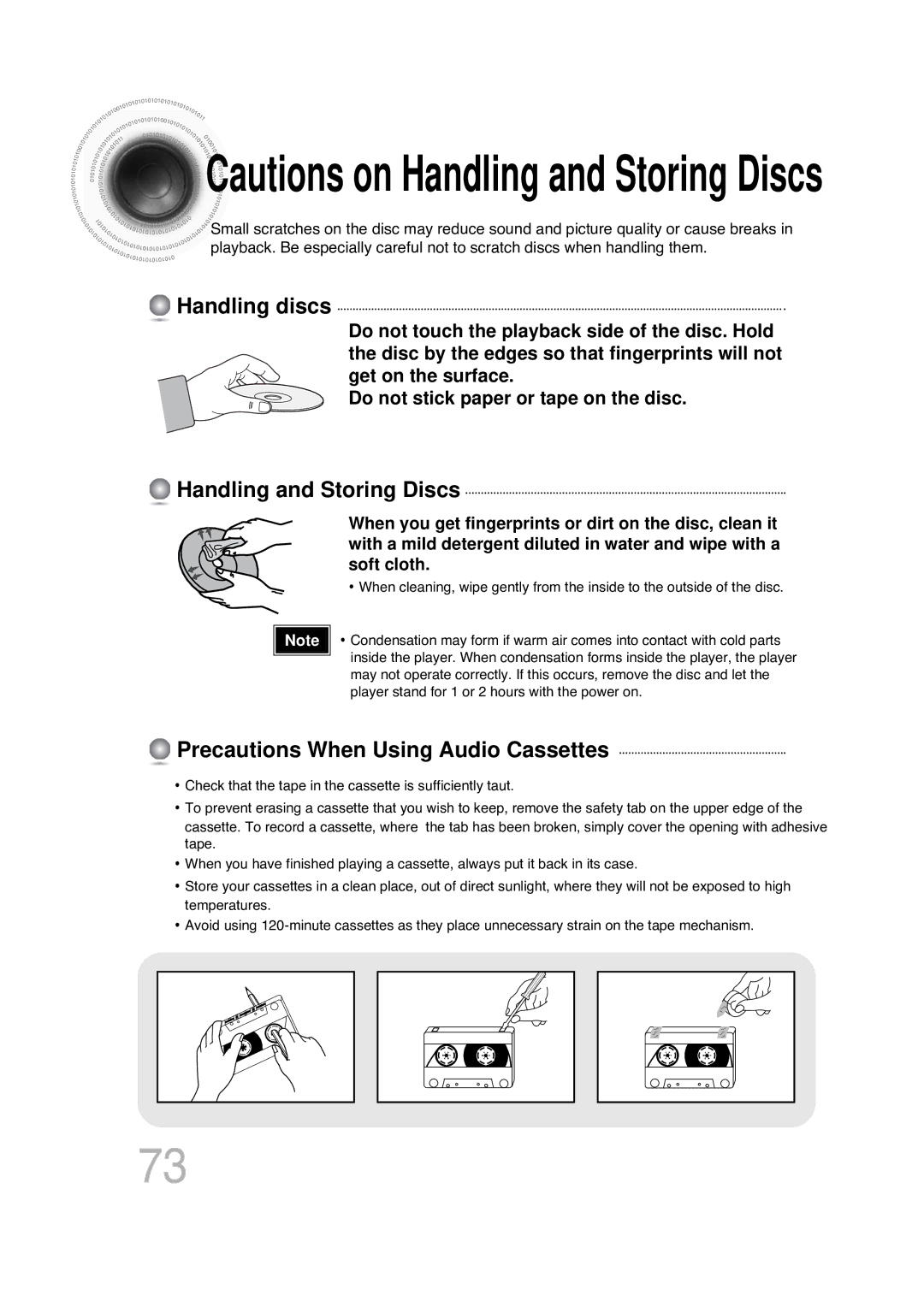 Samsung MAX-KT85Q/XFU manual Handling discs, Handling and Storing Discs, Precautions When Using Audio Cassettes 