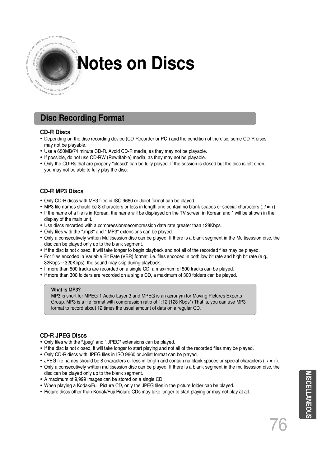 Samsung MAX-KT85Q/XFU manual Disc Recording Format 