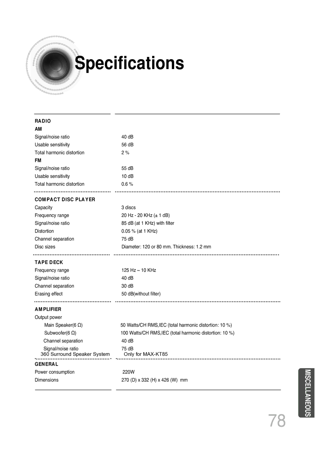 Samsung MAX-KT85Q/XFU manual Specifications, Compact Disc Player 