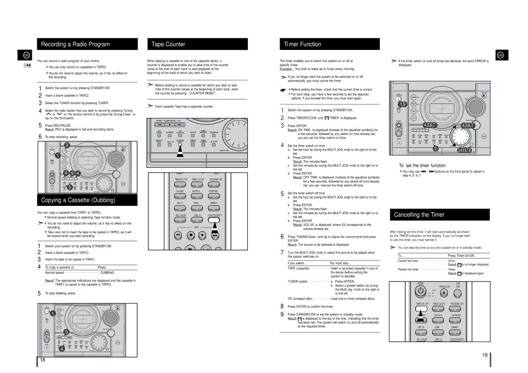 Samsung MAX-T35 Recording a Radio Program Tape Counter Timer Function, Copying a Cassette Dubbing, Cancelling the Timer 