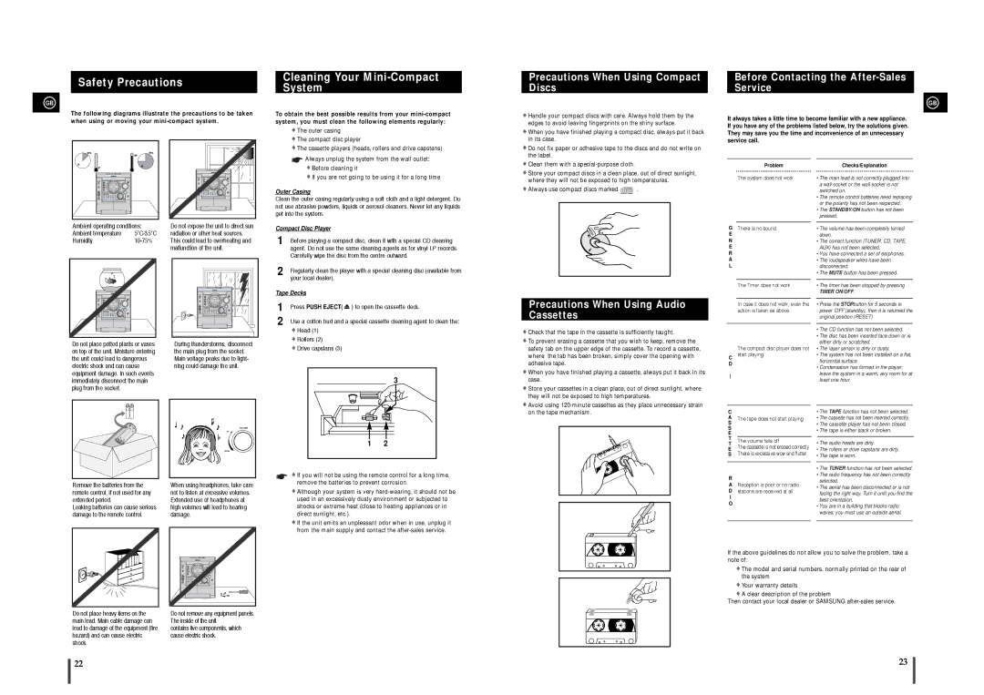 Samsung MAX-T35 Safety Precautions Cleaning Your Mini-Compact System, Precautions When Using Compact Discs 