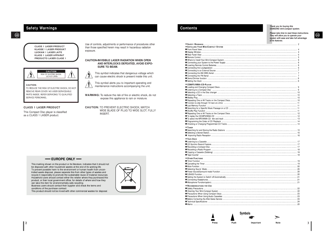 Samsung MAX-T35 instruction manual Safety Warnings, Contents 