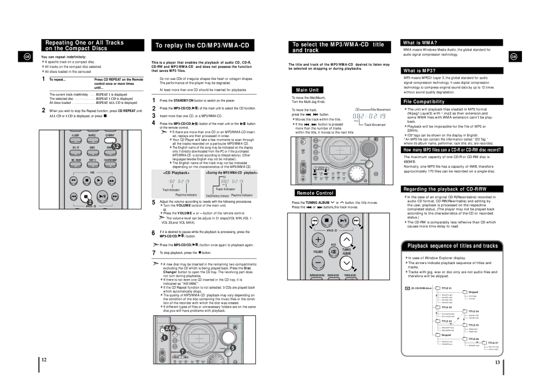 Samsung MAX-T35 To replay the CD/MP3/WMA-CD, To select the MP3/WMA-CD title and track, GB You can repeat indefinitely 
