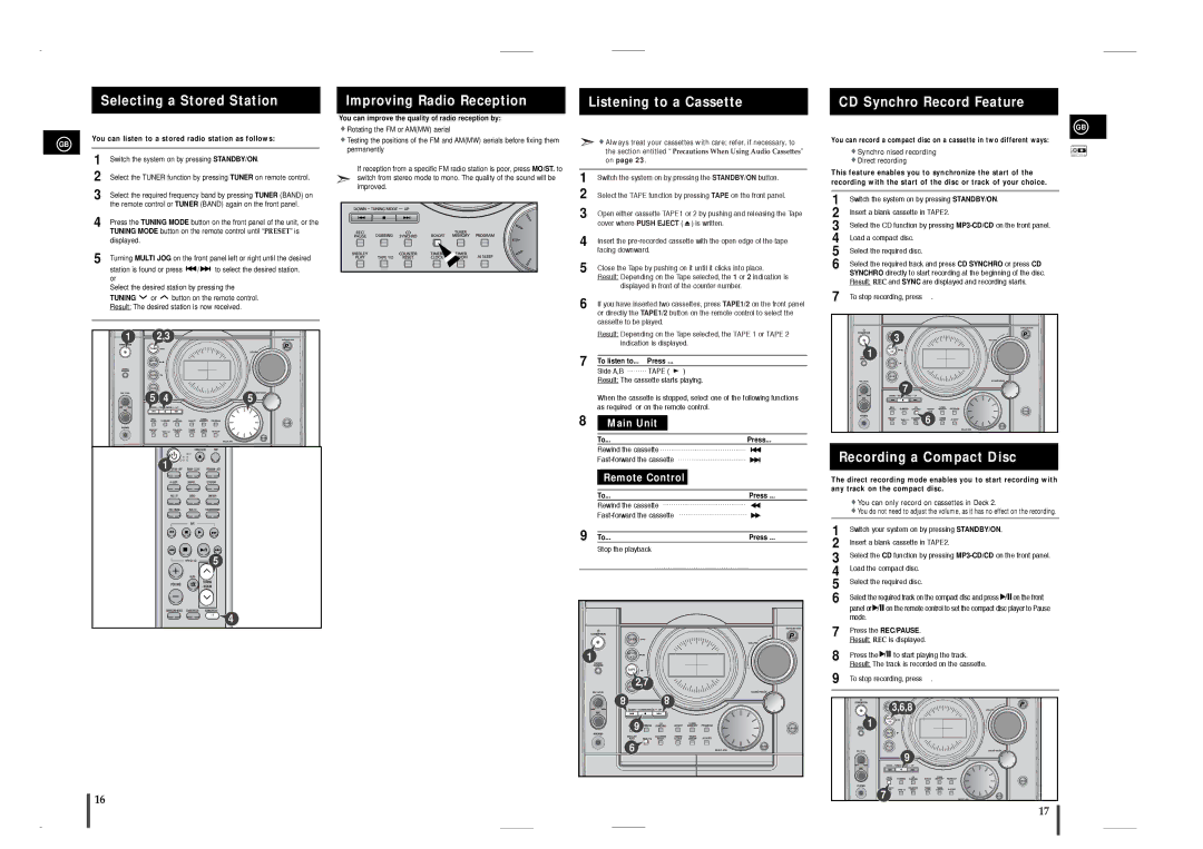 Samsung MAX-T35 Selecting a Stored Station, Improving Radio Reception, Listening to a Cassette, CD Synchro Record Feature 