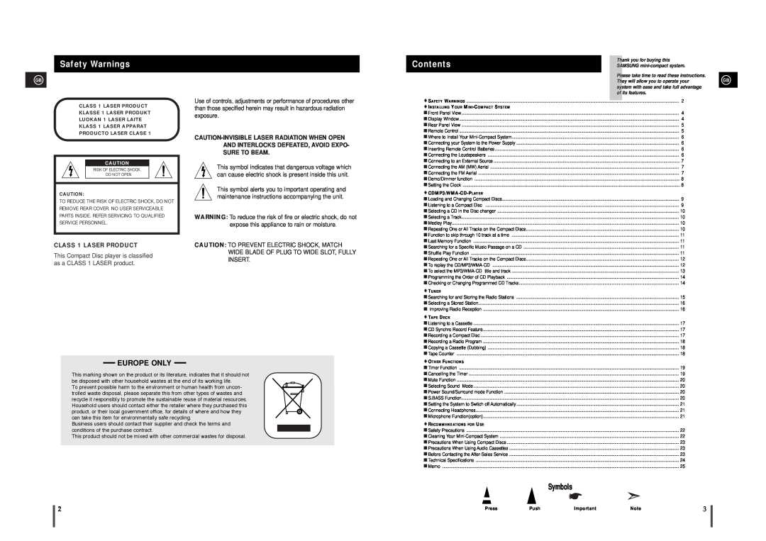Samsung MAX-T35 instruction manual Safety Warnings, Contents, Europe Only, CLASS 1 LASER PRODUCT 