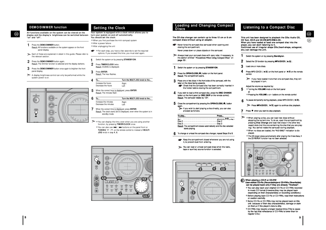 Samsung MAX-T35 instruction manual Setting the Clock, Listening to a Compact Disc, DEMO/DIMMER function 