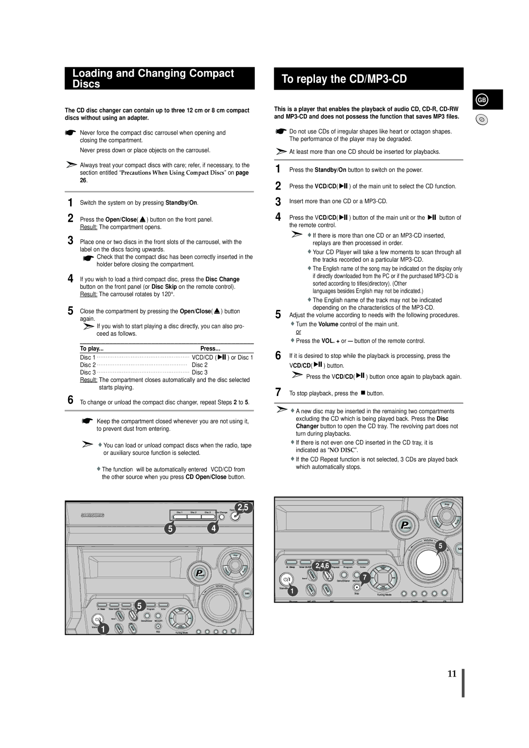 Samsung MAX-VB450 instruction manual To replay the CD/MP3-CD, Loading and Changing Compact Discs, To play 