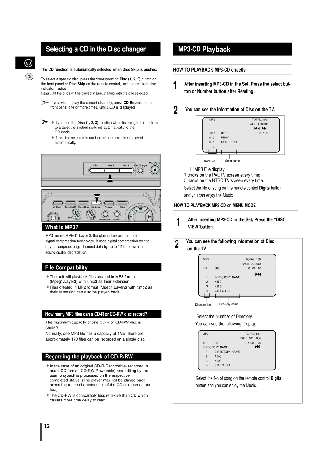 Samsung MAX-VB450 Selecting a CD in the Disc changer MP3-CD Playback, After inserting MP3-CD in the Set, Press the Disc 