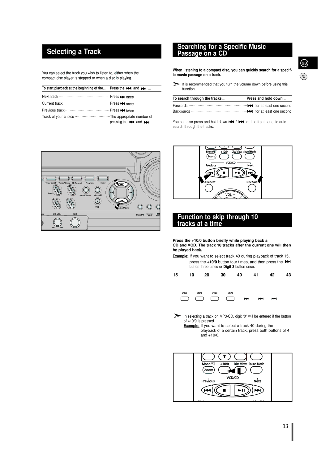 Samsung MAX-VB450 instruction manual Selecting a Track, Searching for a Specific Music Passage on a CD 