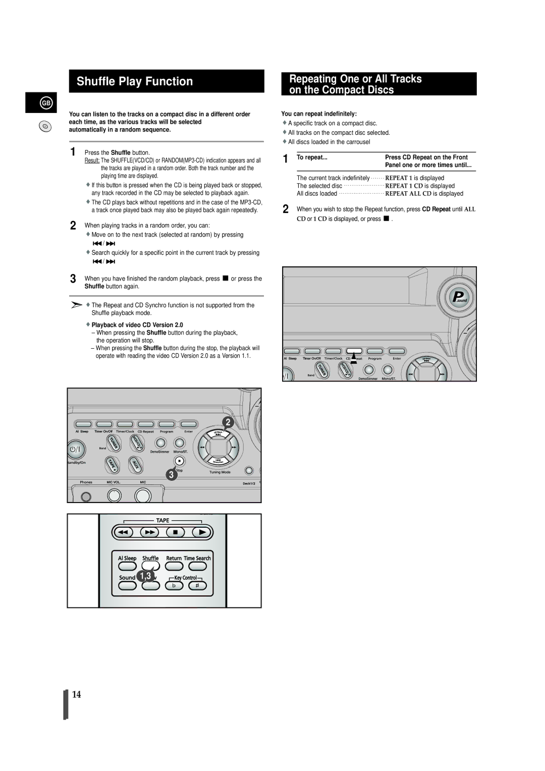 Samsung MAX-VB450 Shuffle Play Function, Playback of video CD Version, You can repeat indefinitely, To repeat 