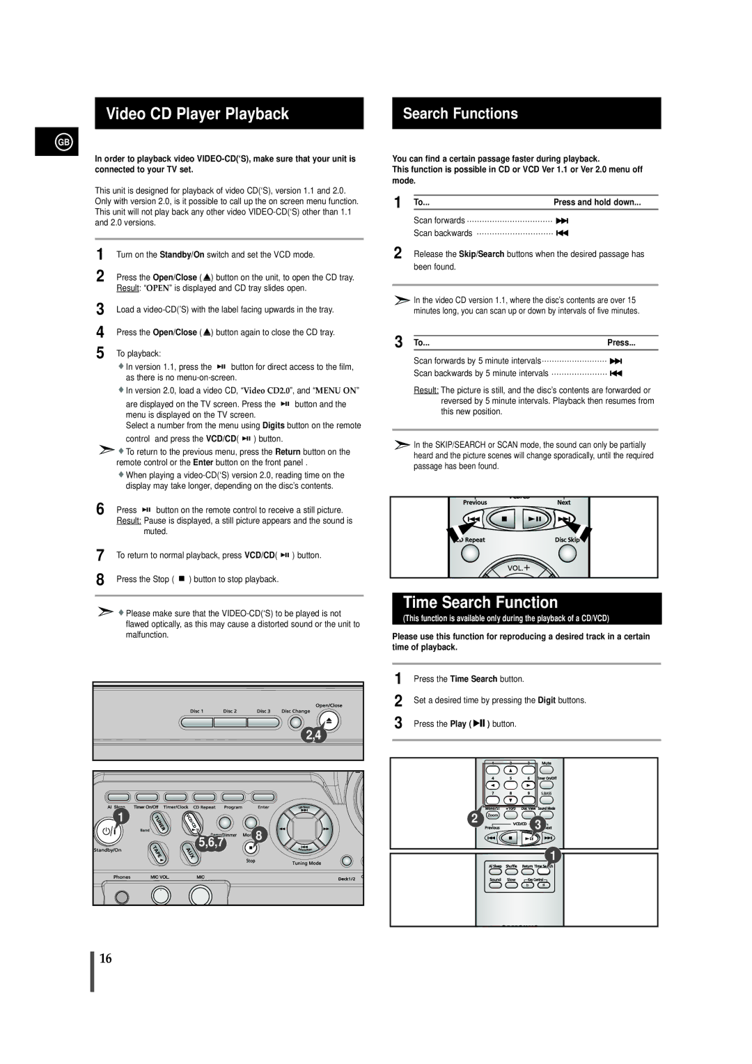 Samsung MAX-VB450 instruction manual Video CD Player Playback, Time Search Function, Search Functions 