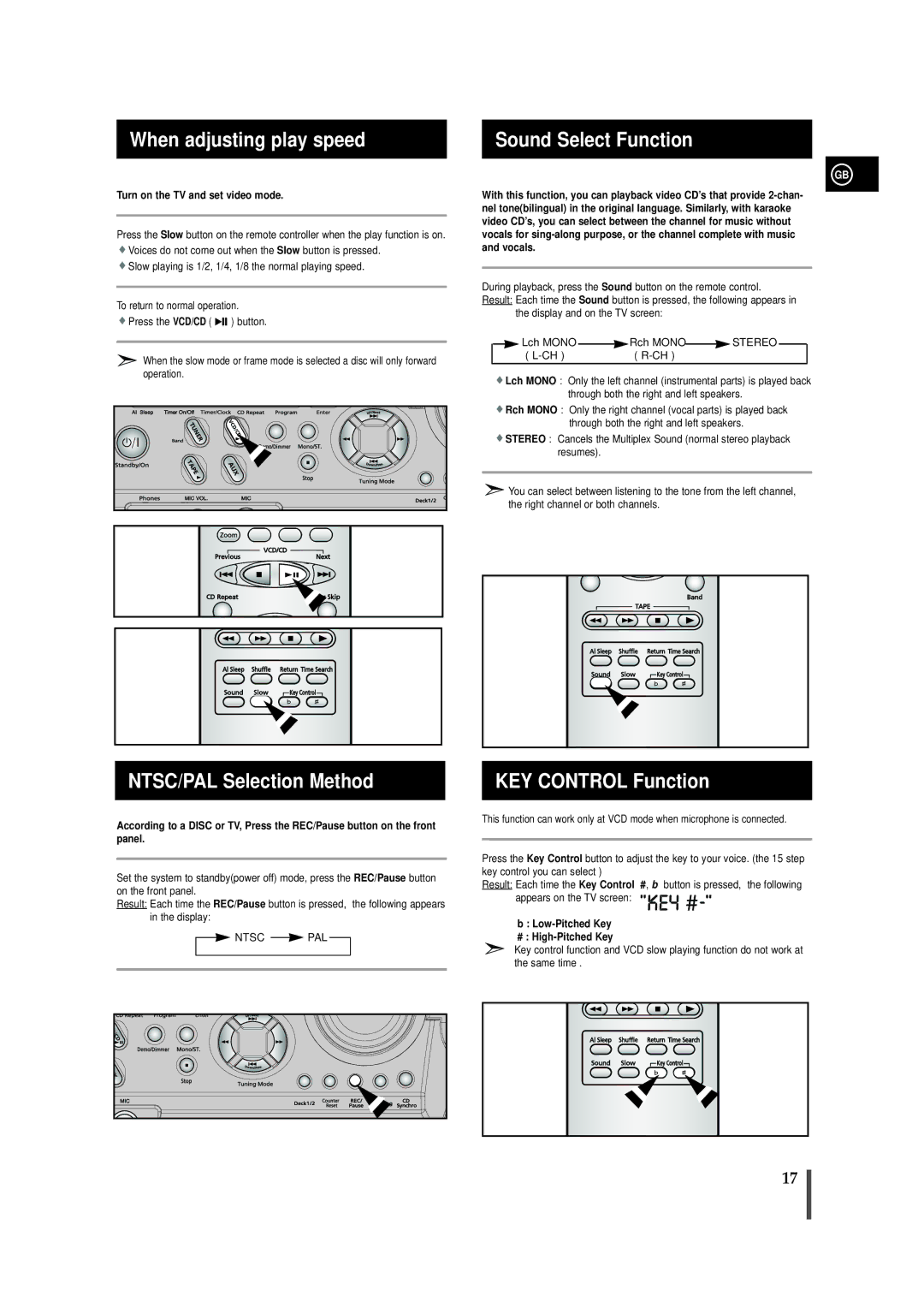 Samsung MAX-VB450 When adjusting play speed, Sound Select Function, NTSC/PAL Selection Method, KEY Control Function 