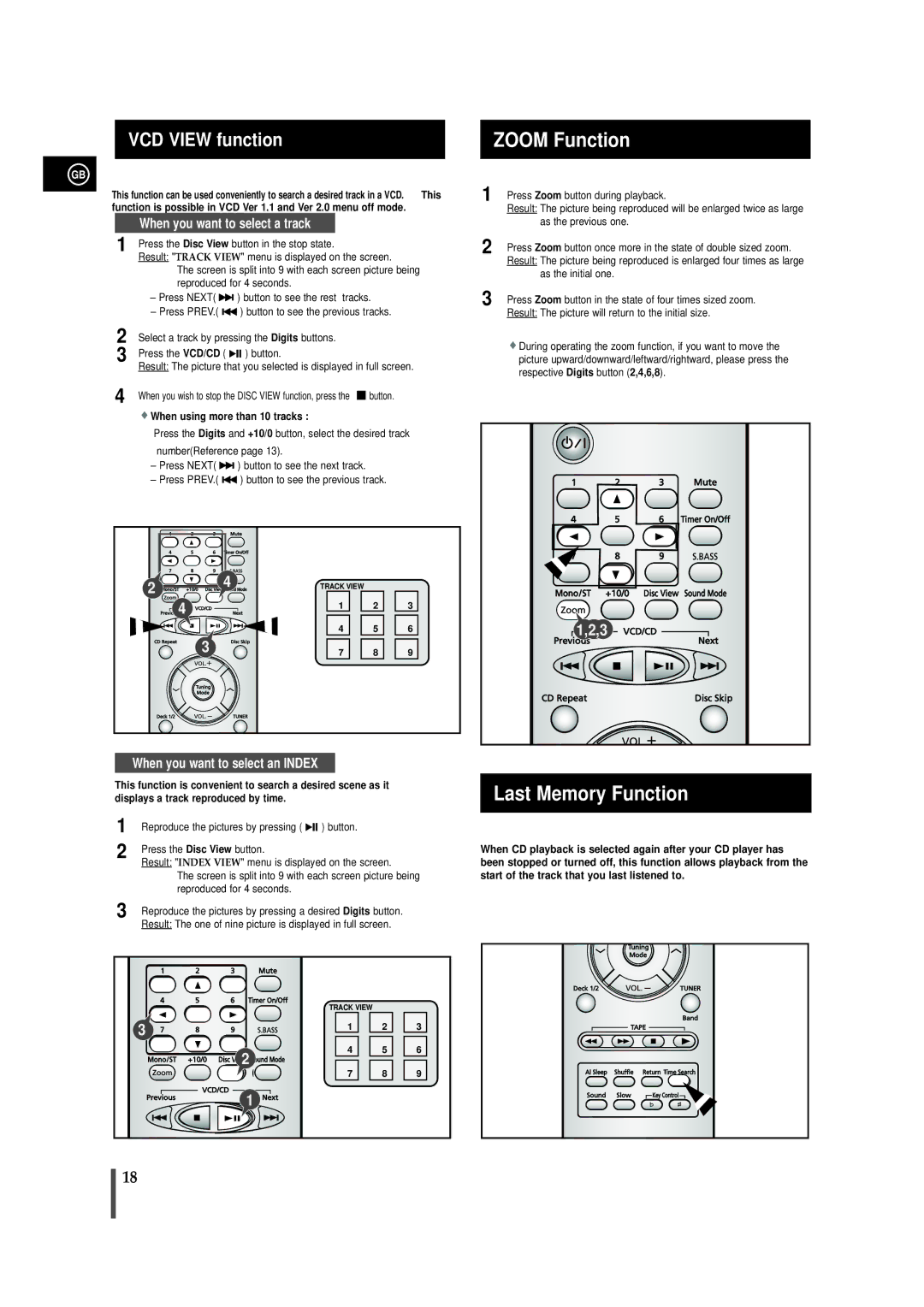 Samsung MAX-VB450 instruction manual Zoom Function, Last Memory Function, VCD View function, When using more than 10 tracks 