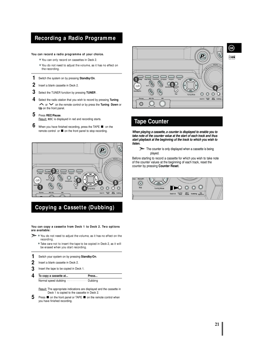 Samsung MAX-VB450 Recording a Radio Programme, Copying a Cassette Dubbing, Press REC/Pause, To copy a cassette at Press 