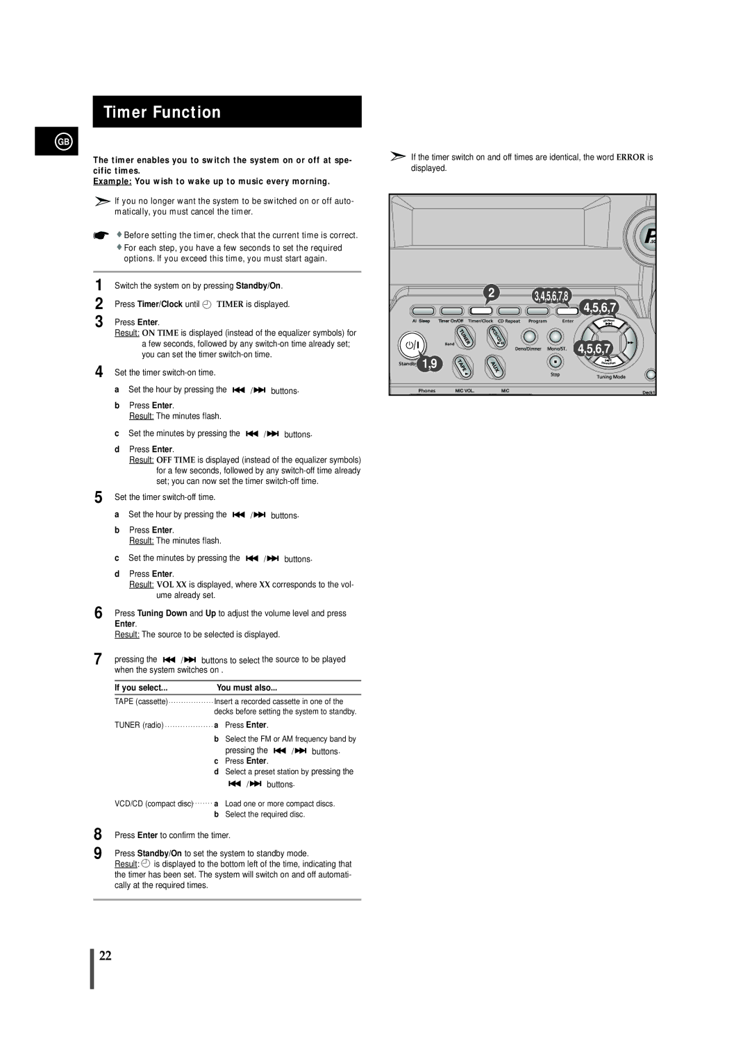 Samsung MAX-VB450 instruction manual Timer Function, Press Timer/Clock until, Enter, If you select 