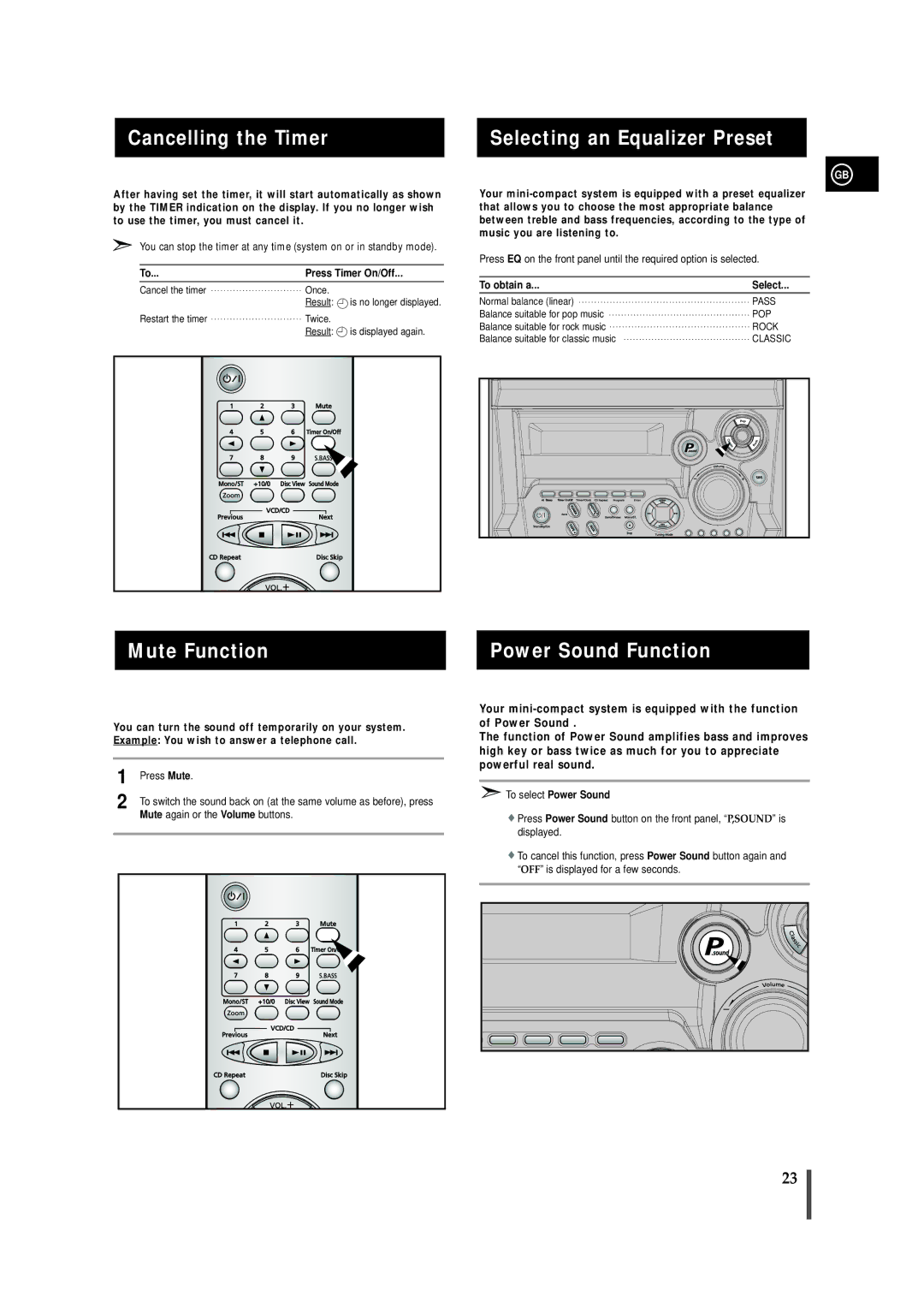 Samsung MAX-VB450 Cancelling the Timer, Mute Function, Selecting an Equalizer Preset, Power Sound Function 