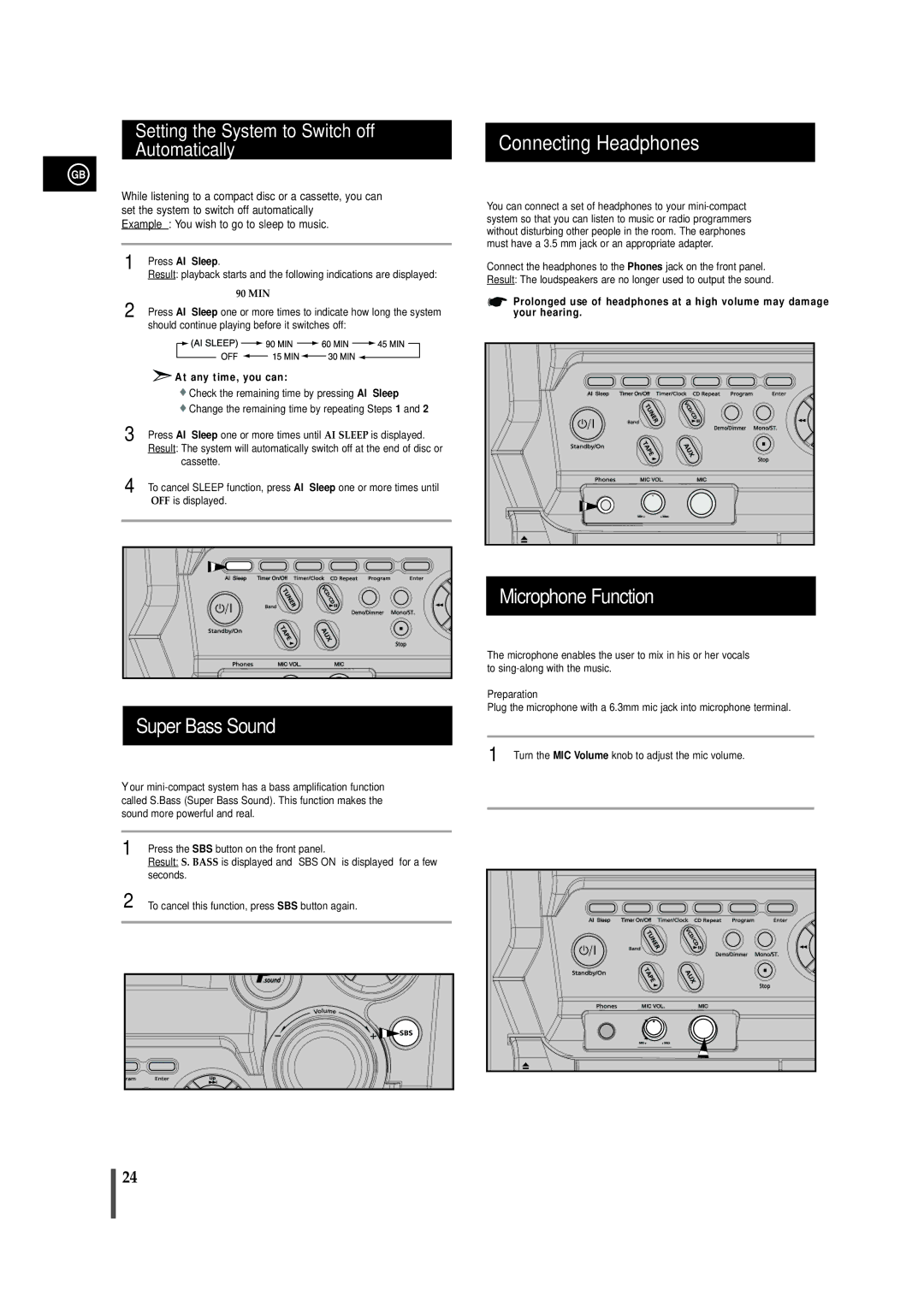 Samsung MAX-VB450 instruction manual Super Bass Sound, Connecting Headphones, Microphone Function, Press AI Sleep 