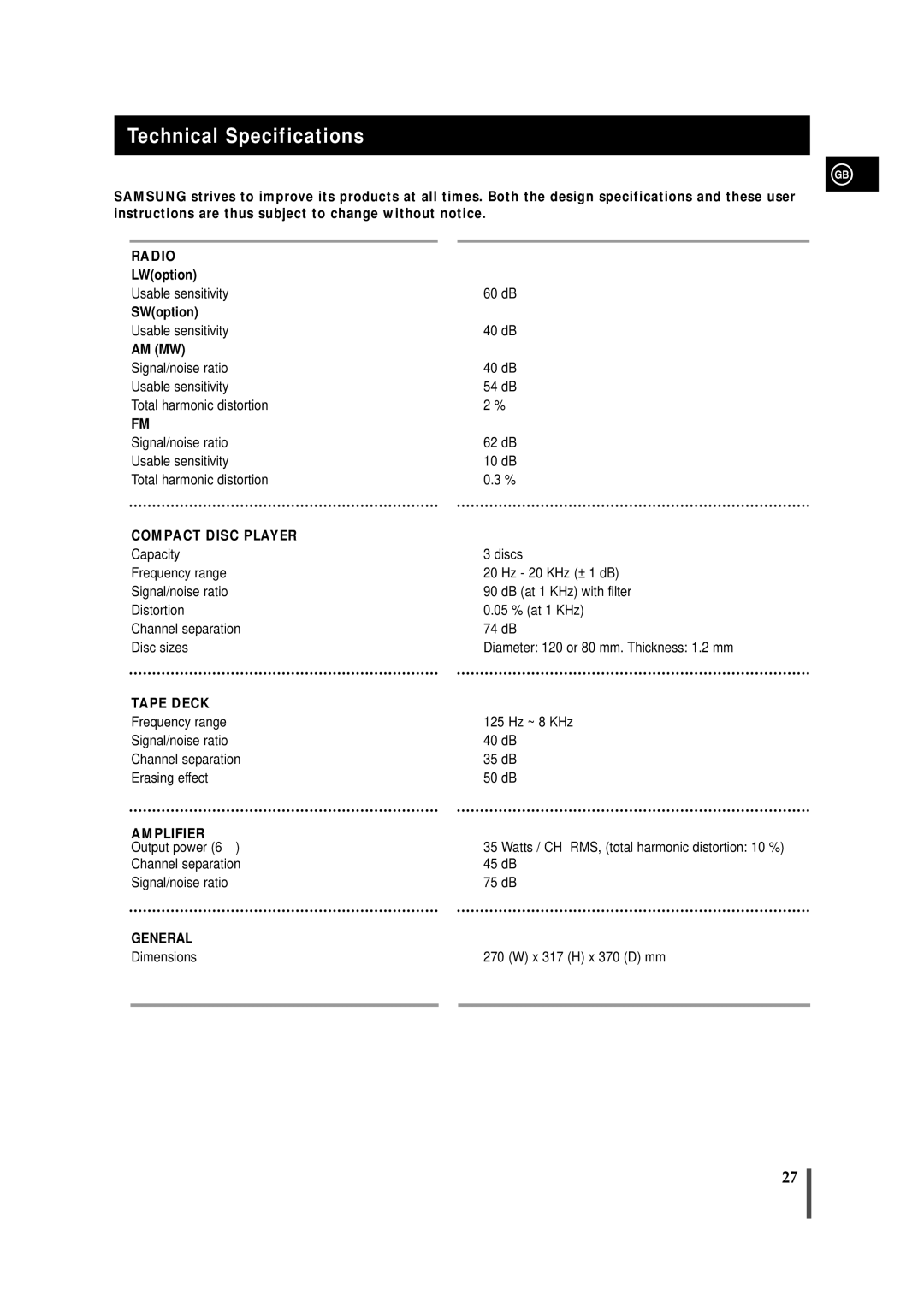 Samsung MAX-VB450 instruction manual Technical Specifications, Compact Disc Player 