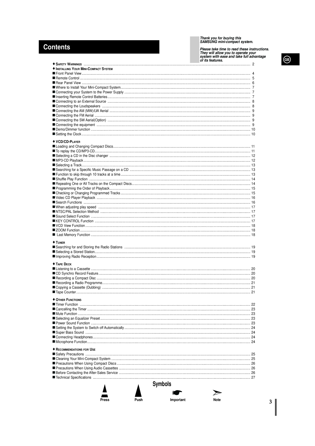 Samsung MAX-VB450 instruction manual Contents 