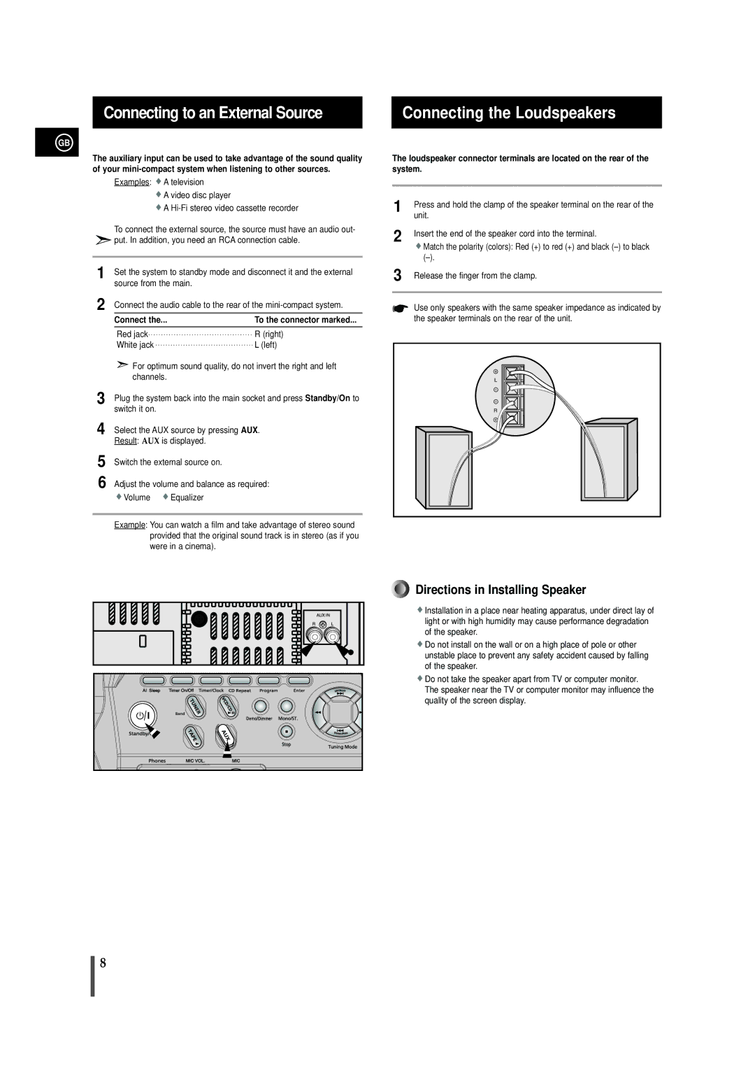 Samsung MAX-VB450 instruction manual Connecting to an External Source, Connecting the Loudspeakers 