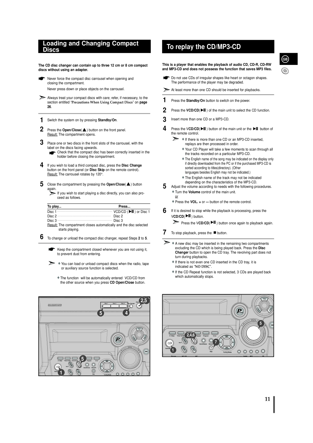 Samsung MAX-VB450 instruction manual To replay the CD/MP3-CD, Loading and Changing Compact Discs, 2,4,6 
