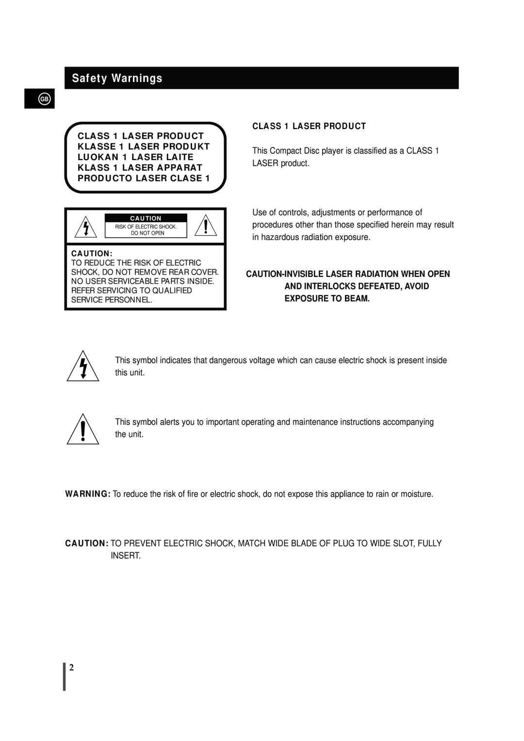 Samsung MAX-VB450 instruction manual Safety Warnings, CLASS 1 LASER PRODUCT KLASSE 1 LASER PRODUKT, Producto Laser Clase 