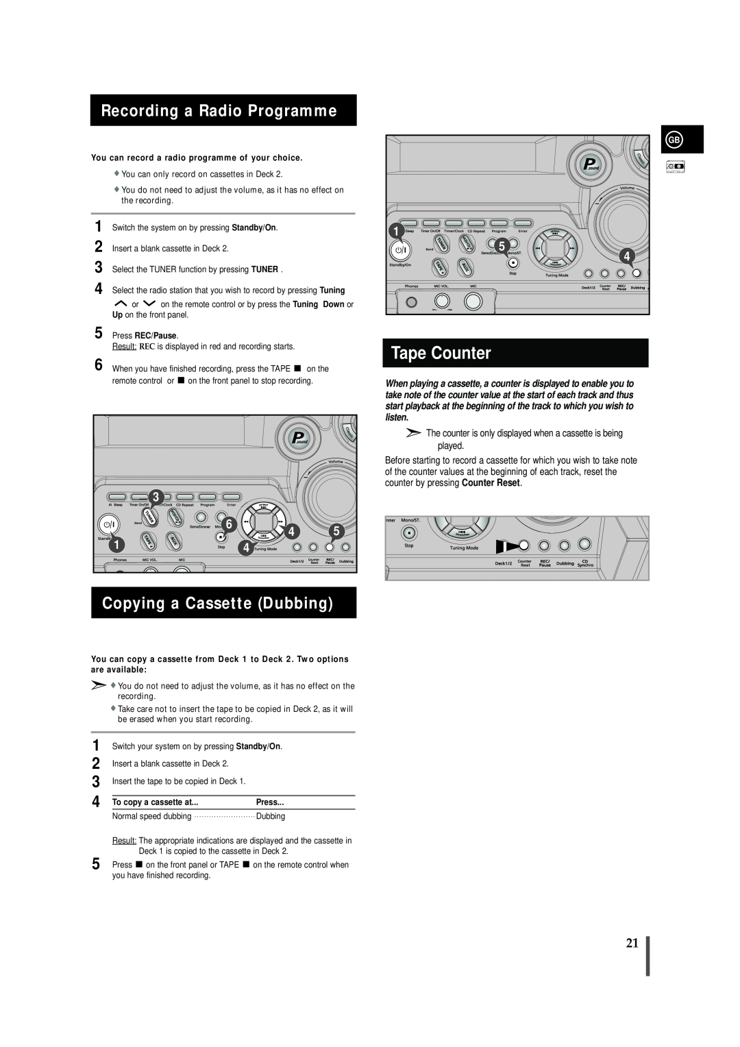 Samsung MAX-VB450 instruction manual Recording a Radio Programme, Copying a Cassette Dubbing, Tape Counter 