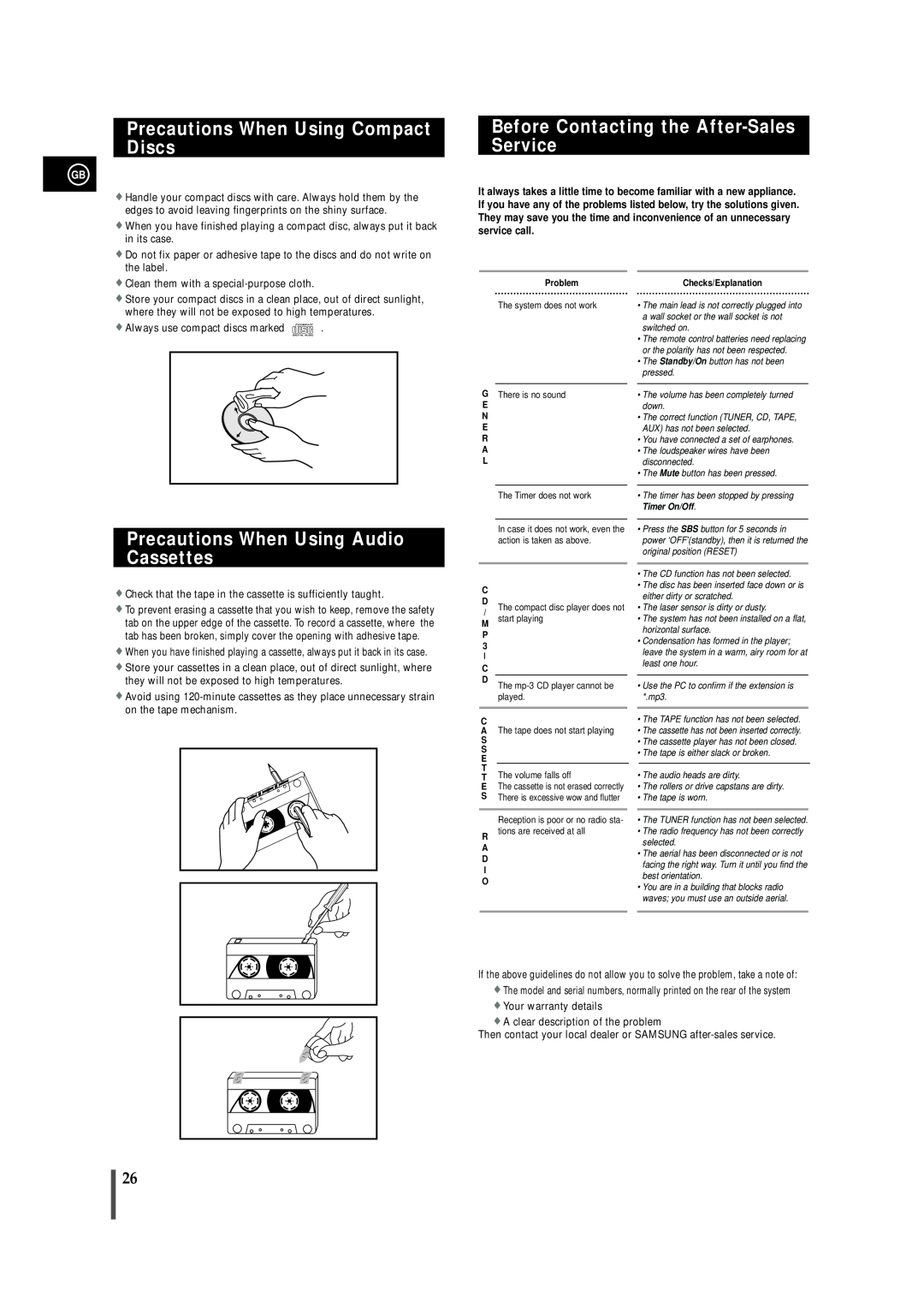 Samsung MAX-VB450 instruction manual Precautions When Using Compact Discs, Before Contacting the After-SalesService 