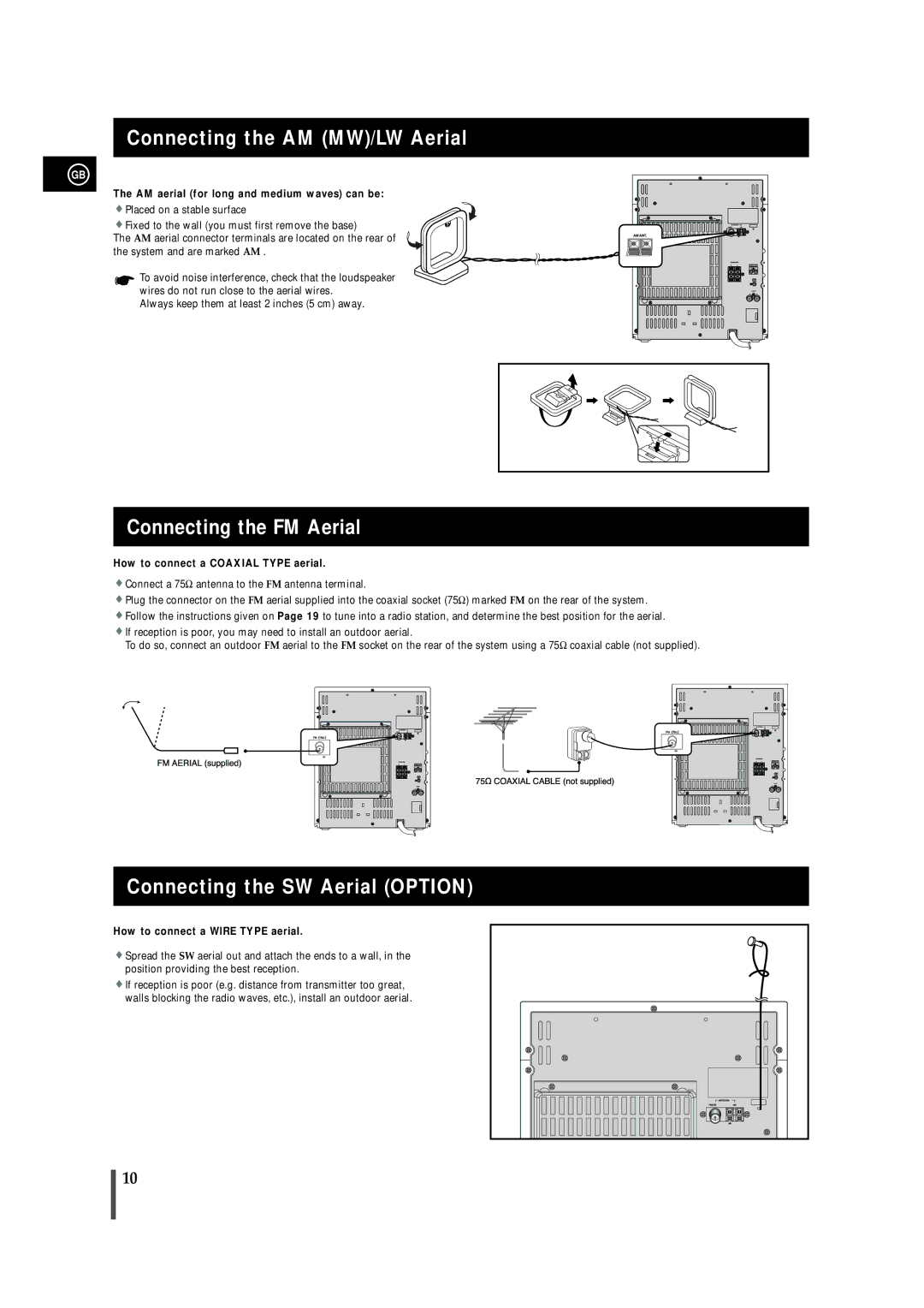 Samsung MAX-VB550, AH68-01145B Connecting the AM MW/LW Aerial, Connecting the FM Aerial, Connecting the SW Aerial Option 