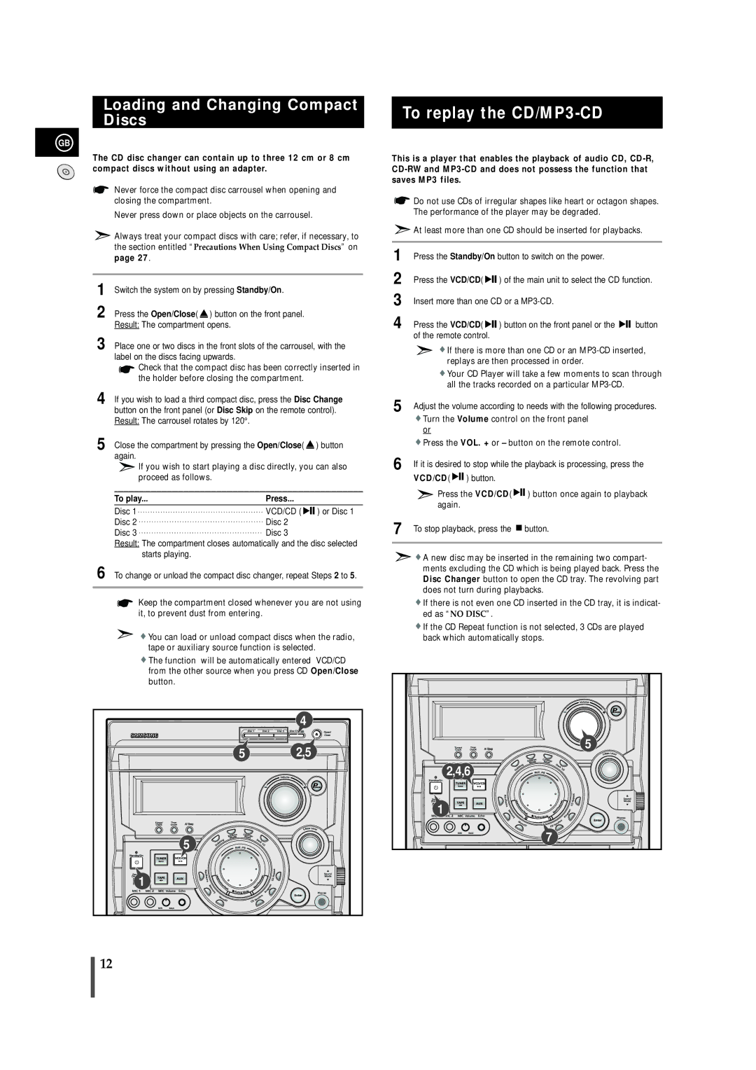 Samsung MAX-VB550, AH68-01145B instruction manual To replay the CD/MP3-CD, Loading and Changing Compact Discs, To play Press 