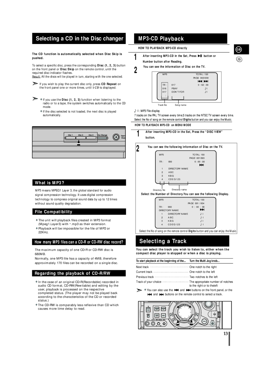 Samsung AH68-01145B Selecting a CD in the Disc changer, MP3-CD Playback, Selecting a Track, Turn the Multi Jog knob 