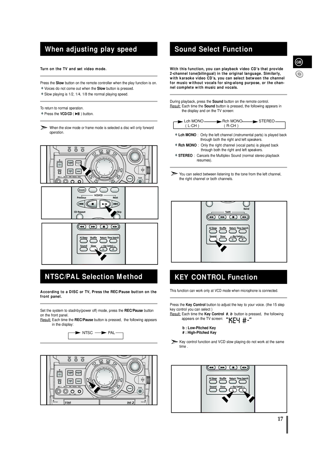 Samsung AH68-01145B When adjusting play speed, Sound Select Function, NTSC/PAL Selection Method, KEY Control Function 